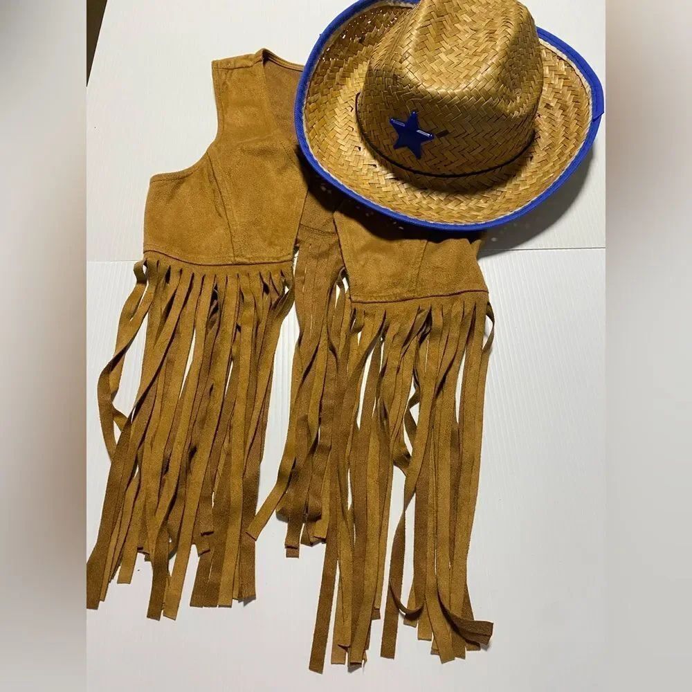 Native American cowboy Western straw hat fringe faux suede vest costume 6-12yo